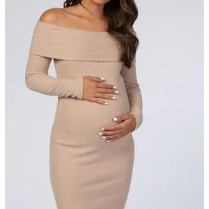 Mocha Soft Ribbed Folded Neck Off Shoulder Maternity Dress - new with tags!